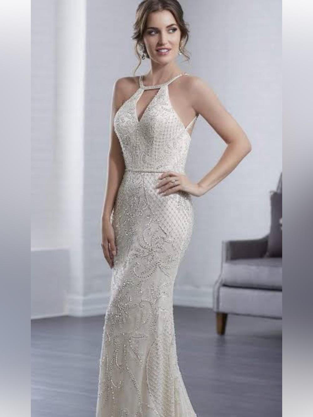 Embellished Ivory Halter Evening Gown